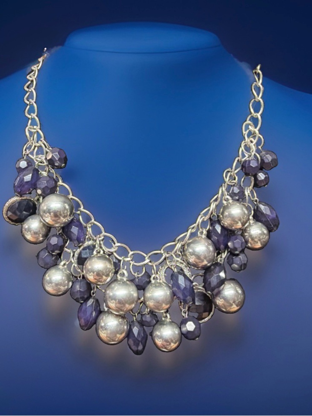 NY Silver-Tone and Blue Bead Statement cha cha 22” Necklace